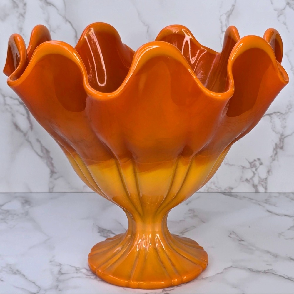 Vintage LE Smith Bittersweet Orange Slag Glass 9 Petal Compote Bowl MCM